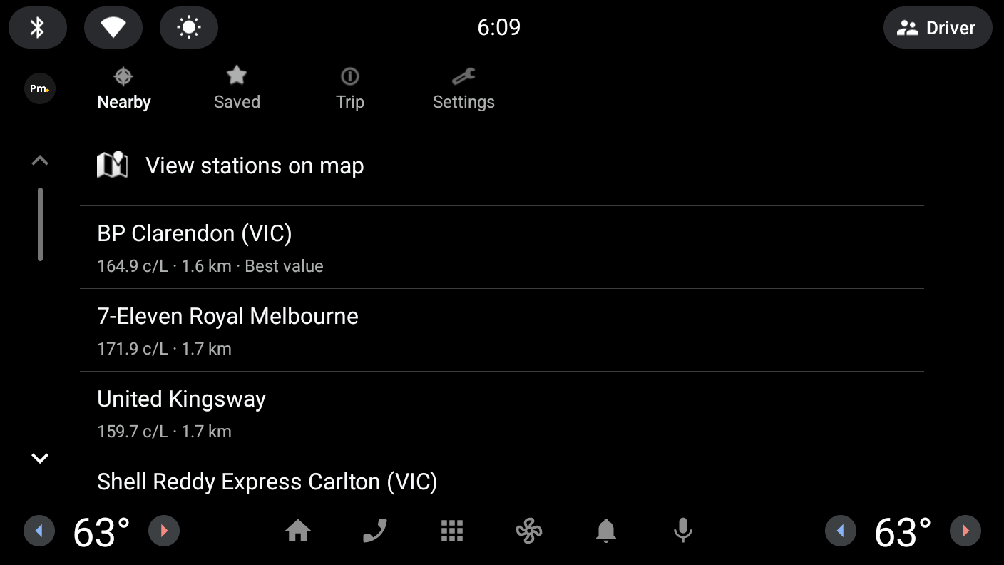 Petrolmate on Android Auto, showing nearby fuel stations ranked by effective price with BP Clarendon flagged as best value