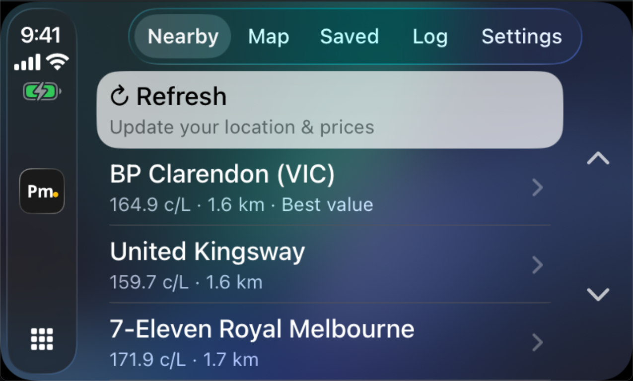 Petrolmate on Apple CarPlay, showing nearby fuel stations ranked by effective price with BP Clarendon flagged as best value