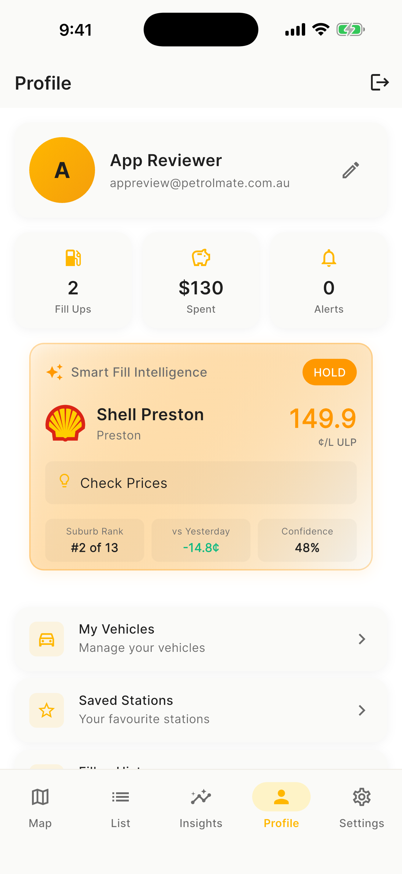 Petrolmate iOS app: watchlist dashboard